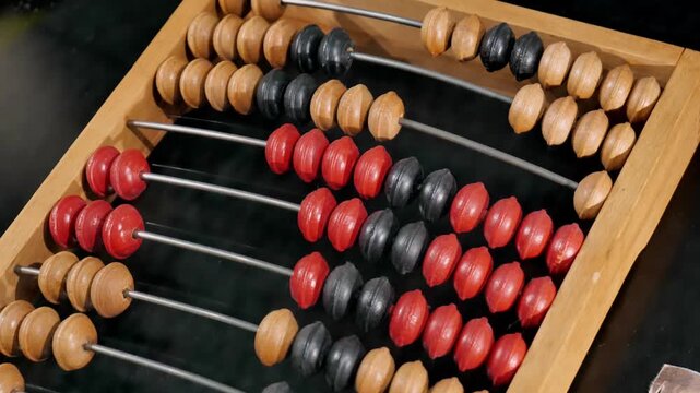 Old wooden school abacus with red and black beads on metal rods, closeup diagonal view on dark background, classic counting tool basic mathematics education, accounting and finance concept, no people