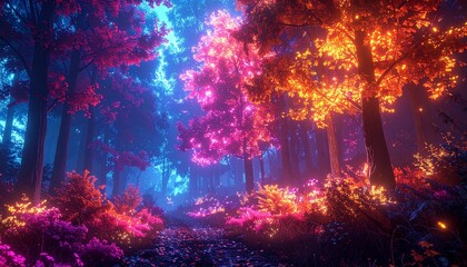 Enchanted Forest - A Vibrant Display of Neon Colors in Nature.