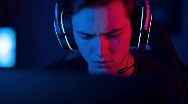Man Wearing Headphones Working on Computer.