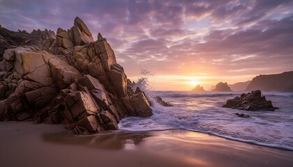 Rugged coastal rocks glowing under golden hour sunset light
