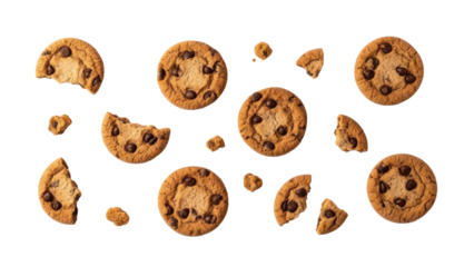 Chocolate chip cookies and crumbs isolated on white background.Top view