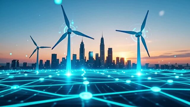 A futuristic 4K smart city powered by renewable wind energy, featuring modern wind turbines connected to a glowing digital network grid with a city skyline at sunset. This visual represents 
