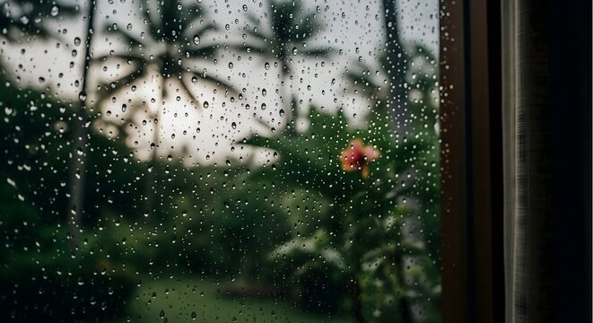 Rain water drops on glass window pane with blurred tropical palm trees background. Wet monsoon weather and melancholy mood concept.