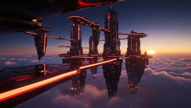 Futuristic Cityscape Floating Above Clouds at Sunset.