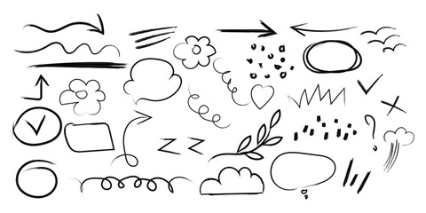 Hand Drawn Doodle Elements Set with Arrows Clouds Speech Bubbles and Icons