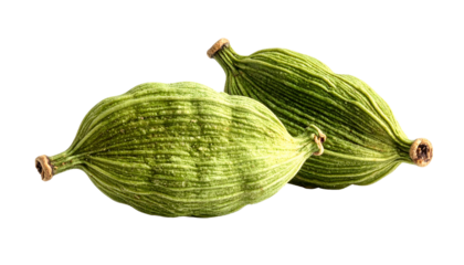 Close-up of two green cardamom pods isolated on a stark black background. The pods exhibit detailed texture and a natural hue