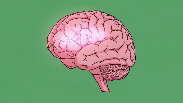 Pink Brain With Glowing Neural Activity On Green Background Animation