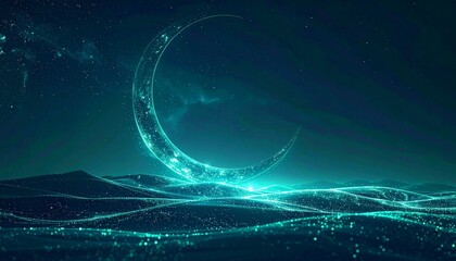 A serene crescent moon shines brightly over a futuristic landscape with glowing neon lines and dots