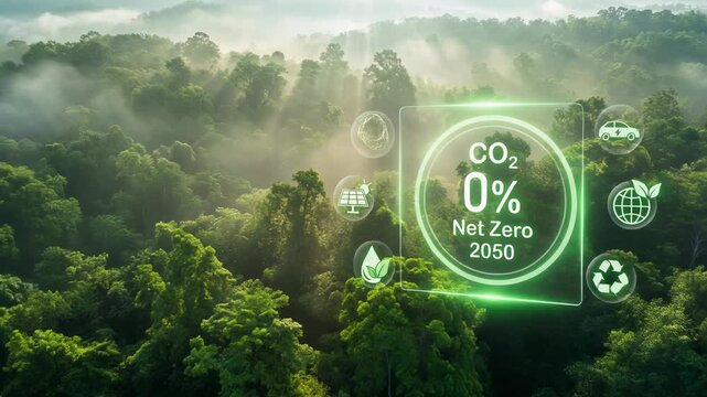 Sustainable Future: Achieving Net Zero Carbon Emissions by 2050 in Lush Forest Landscapes
