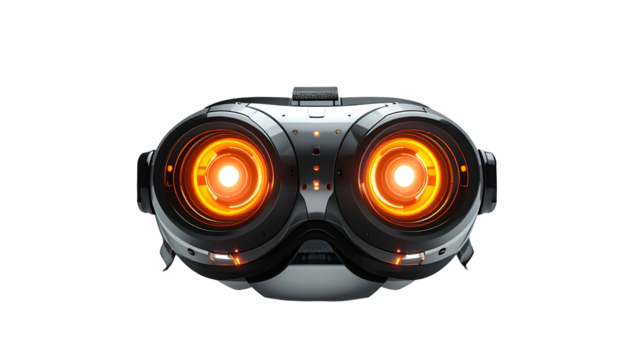 Futuristic digital device with twin illuminated circular lenses. Metallic casing with intricate details and glowing orange light emanating - Powered by Adobe