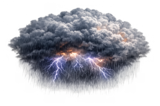 Thunderstorm cloud bringing heavy rain and powerful lightning bolts with impactful weather on transparent background - Powered by Adobe