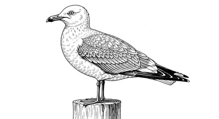 Obraz premium Engraved image of seagull standing on wooden post near water illustration