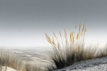 Minimalist Landscape of Desert Dunes and Dry Grass under Gray Sky