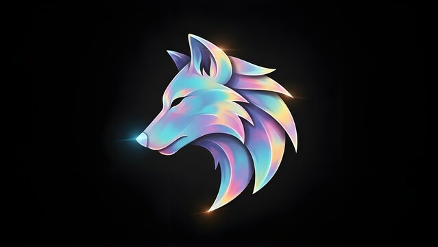 Vibrant 3D holographic wolf head logo with iridescent fluid fur and glowing highlights