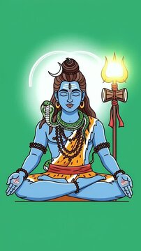 Pixel Art Lord Shiva Meditation Blue Skin Green Background And Trishul
