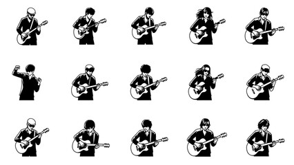 Naklejka premium Musicians playing various stringed instruments in different poses and actions, depicted in a grid layout
