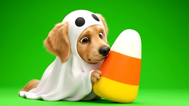 Adorable golden retriever puppy dressed as a ghost holding a candy corn