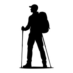 Black silhouette of a standing climber wearing a backpack and hat holding climbing poles on a white background