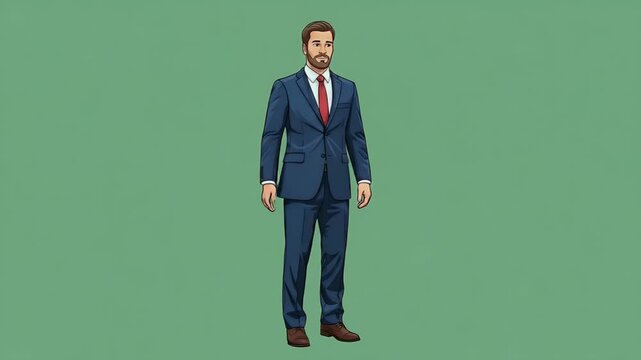 Pixel Art Man In Blue Suit Red Tie Gesturing On Green Screen