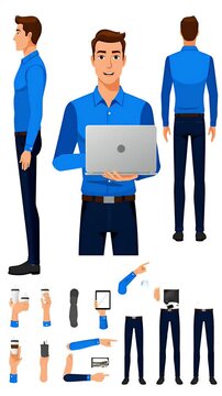 Pixel Art Man In Blue Shirt Holds Laptop In White Background