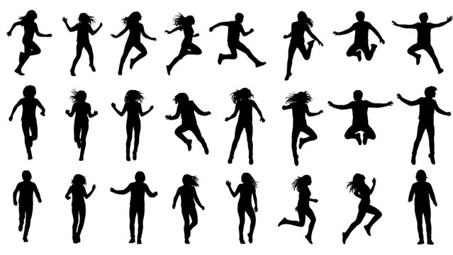 Collection of silhouetted people jumping and dancing in various dynamic poses and movements