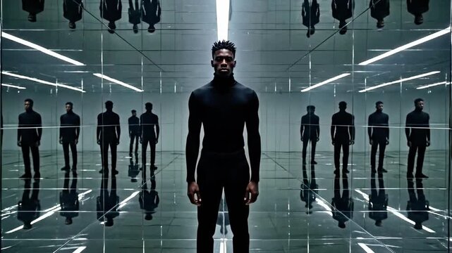 A man in a black bodysuit stands in a futuristic mirrored room with multiple reflections