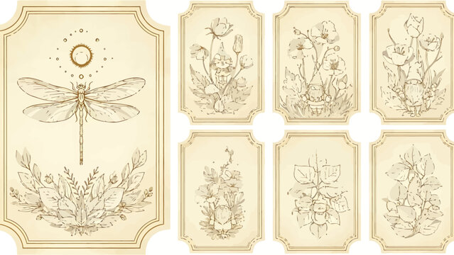 An intricate illustration of a dragonfly surrounded by foliage and flowers, with other botanical designs in adjacent frames.