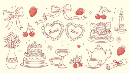 Delicate wedding elements illustration featuring cakes, strawberries, and tea setting