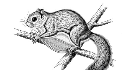 Vintage illustration of flying squirrel resting on leafy tree branch sketch