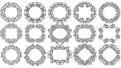 Obraz premium Collection of ornate frames and borders in various circular and square shapes, illustrations, graphic design elements, decorative art, white background