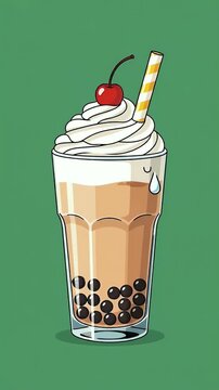 Pixel Art Boba Tea Drink with Whipped Cream and Cherry on Top