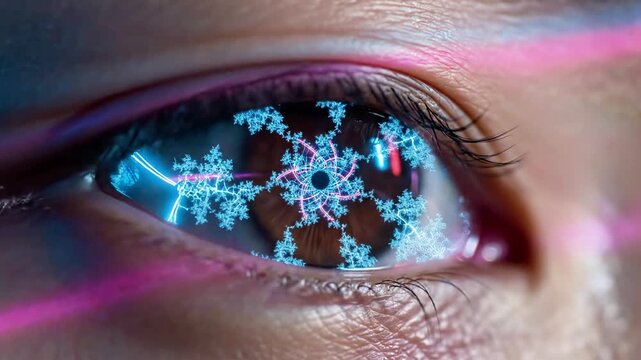 A close-up of a human eye with a blue iris reflecting a complex network pattern and pink laser beams