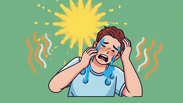 Pixel Art Man Suffering Heatstroke Under Bright Sun Summer Day