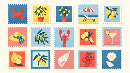 Fototapeta premium Collection of Summer-themed Illustrations Featuring Beach Elements and Tropical Fruits