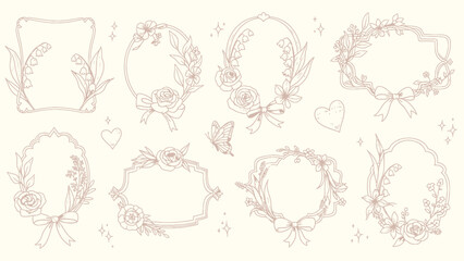 Fototapeta premium Delicate Floral Frames and Wreaths Illustrations with Hearts and Ribbons