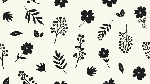 Black floral illustration featuring elegant botanical elements and simple leaves on a neutral background viewed from above