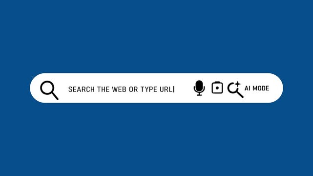Search bar interface with magnifying glass microphone camera and A I mode on blue background for web browsing and online search