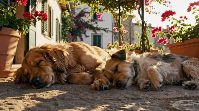 Two dogs rest comfortably on a sun-drenched stone patio surrounded by flowers and a whitewashed building