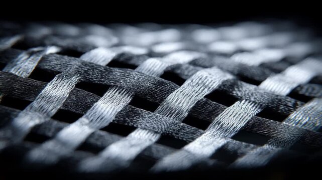 Closeup of nanofiber weave pattern enhancing space structure flexibility under dynamic stress conditions in a futuristic orbital environment.