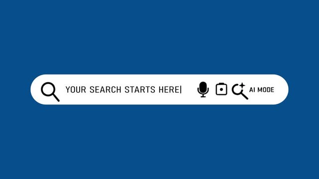 Search bar interface with magnifying glass microphone camera and A I mode on blue background for website or app