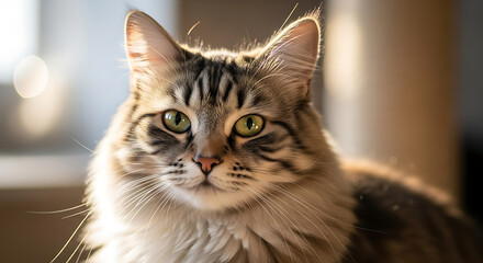 Close up of a fluffy cat with green eyes, celebrating national love your pet day with affection and companionship