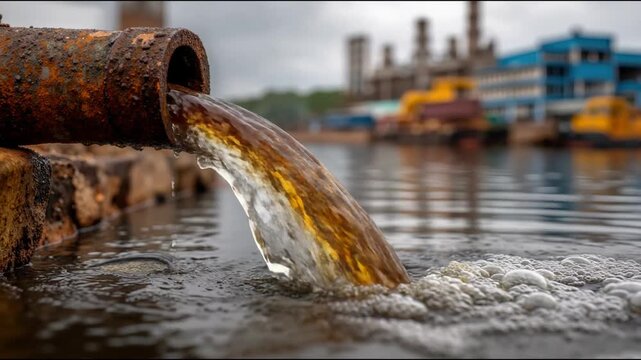 Industrial waste water discharging from a rusty pipe. Toxic sewage pollution pouring into a river. Environmental contamination concept