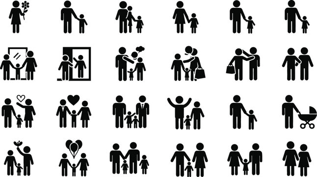 Large family and childcare icon set featuring silhouettes of parents with children family outings wedding figures and stroller icons flat vector illustration