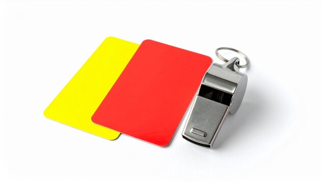 Soccer Referee Equipment - Red and Yellow Cards with a Whistle on White Background.