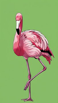 Pixel Art Flamingo Standing on One Leg Pink Bird on Green Background