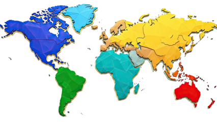 Colorful 3D World Map with Distinct Continents