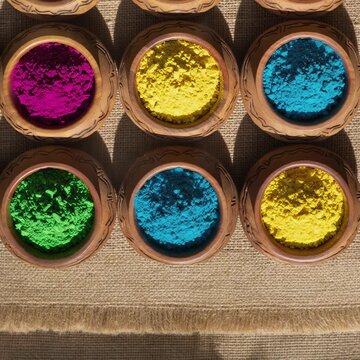 Colorful Holi festival powder pigments in wooden bowls arranged on burlap fabric top down panning view