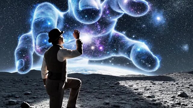 A man in a kneeling position on a rocky surface reaches up to touch a glowing, celestial entity