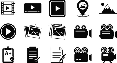 Multimedia and administrative icon set featuring silhouettes of video players film strips vintage movie cameras polaroid photos and graded documents flat vector illustration