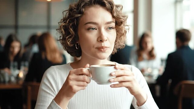 Curly-haired woman sips from a white cup at cafe, other diners in background